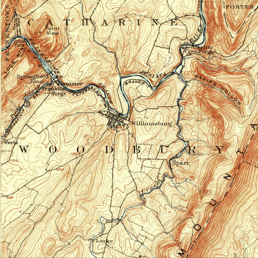 Cropping of a 1904 map showing Ganister and its environs to its east and south, notably Williamsburg.